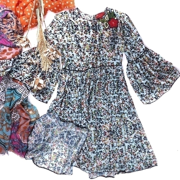 Anthropologie Bhanuni Multicolored Teal Black Floral Sheer Dress Sz 2 Pe… - Picture 12 of 12